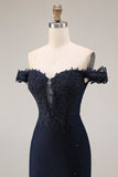 Sparkly Navy Off the Shoulder Mermaid Appliqued Long Prom Dress with Beading