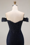 Sparkly Navy Off the Shoulder Mermaid Appliqued Long Prom Dress with Beading