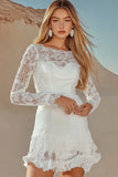 White Lace Appliques Boat Neck Long Sleeves Short Graduation Dress