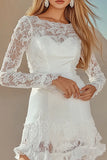 White Lace Appliques Boat Neck Long Sleeves Short Graduation Dress