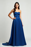 Navy A Line Strapless Satin Ruched Formal Dress