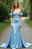 Light Blue Mermaid Off The Shoulder Ruched Wedding Guest Dress