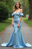 Light Blue Mermaid Off The Shoulder Ruched Wedding Guest Dress