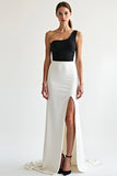 Black White Sheath One Shoulder Wedding Guest Dress with Slit