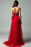 A Line Red Corset Strapless Beaded Long Wedding Guest Dress