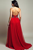 A Line Strapless Red Beaded Long Prom Dress