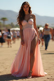 Blush A Line Strapless Beaded Wedding Guest Dress with Slit