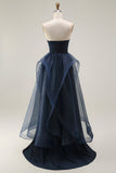 Navy A Line Sweetheart Ruched Long Prom Dress with Ruffles