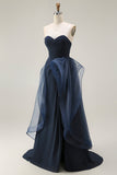 Navy A Line Sweetheart Ruched Long Prom Dress with Ruffles