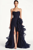 Navy A Line Slit Pleated Sweetheart Prom Dress with Ruffled Sash