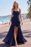 Navy Sweetheart A Line Pleated Prom Dress with Ruffled Sash