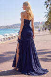 Navy Sweetheart A Line Pleated Prom Dress with Ruffled Sash