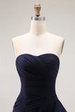 Navy Sweetheart A Line Pleated Prom Dress with Ruffled Sash