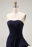 Navy Sweetheart A Line Pleated Prom Dress with Ruffled Sash