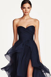 Elegant Navy Ruffled A Line Sweetheart Formal Dress with Slit