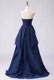 Navy Strapless Ruffled A Line Pleated Long Prom Dress with Slit