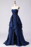 Navy Strapless Ruffled A Line Pleated Long Prom Dress with Slit