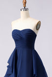 Navy Strapless Ruffled A Line Pleated Long Prom Dress with Slit