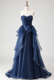 A Line Sweetheart Ruffled Navy Prom Dress with Front Slit