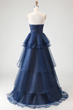 A Line Sweetheart Ruffled Navy Prom Dress with Front Slit