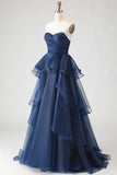 A Line Sweetheart Ruffled Navy Prom Dress with Front Slit