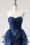 A Line Sweetheart Ruffled Navy Prom Dress with Front Slit