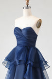 A Line Sweetheart Ruffled Navy Prom Dress with Front Slit