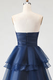 A Line Sweetheart Ruffled Navy Prom Dress with Front Slit