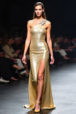 Glitter One Shoulder Sheath Golden Gala Dress with Slit