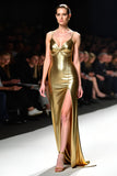 Metallic Golden Spaghetti Straps Sheath Gala Dress with High Slit