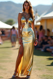 Golden Cut Out V Neck Sheath Long Gala Dress with Slit