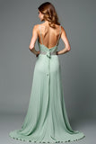 Green A Line Deep V-Neck Chiffon Bridesmaid Dress