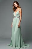 Green A Line Deep V-Neck Chiffon Bridesmaid Dress