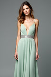 Green A Line Deep V-Neck Chiffon Bridesmaid Dress