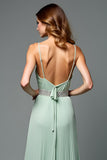 Green A Line Deep V-Neck Chiffon Bridesmaid Dress