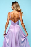 Lilac A-Line Open Back Spaghetti Straps Ruched Long Bridesmaid Dress with Slit