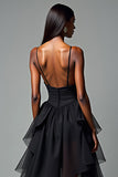 A Line Spaghetti Straps Ruffled Tiered Black Tie Dress