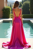 Fuchsia A Line Spaghetti Straps Satin Long Prom Dress with Slit