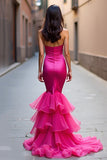 Fuchsia Mermaid Long Strapless Prom Dress with Ruffles