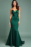 Dark Green Satin Spaghetti Straps Long Prom Dress