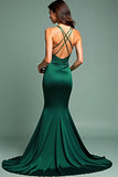 Dark Green Satin Spaghetti Straps Long Prom Dress