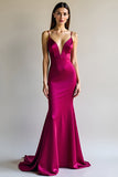 Fuchsia Mermaid Spaghetti Straps Long Satin Prom Dress