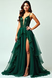 Dark Green Long Ruffled Spaghetti Straps Prom Dress with Slit