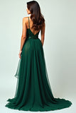 Dark Green Long Ruffled Spaghetti Straps Prom Dress with Slit