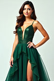 Dark Green Long Ruffled Spaghetti Straps Prom Dress with Slit