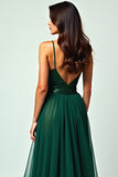 Dark Green Long Ruffled Spaghetti Straps Prom Dress with Slit