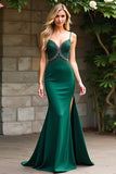 Dark Green Beaded Spaghetti Straps Mermaid Long Prom Dress