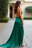 Satin Dark Green A Line Spaghetti Straps Prom Dress with Slit