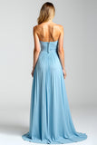 Blue Open Back Strapless A-Line Ruched Long Bridesmaid Dress with Slit