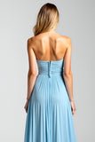 Blue Open Back Strapless A-Line Ruched Long Bridesmaid Dress with Slit